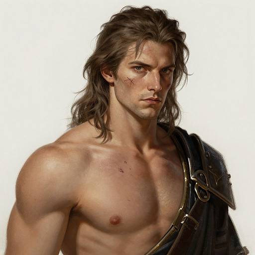 Digital artwork of a muscular, shirtless man with long, disheveled brown hair, scars on his face and chest, wearing a dark, leather
