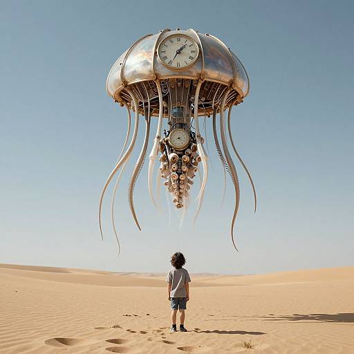 Photograph of a child in a desert, standing before a floating, metallic jellyfish clock with dangling tentacles and multiple clocks, against a clear blue