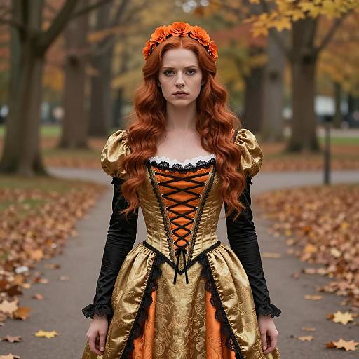 Redheaded Woman in Ornate Gold Dress in Autumn Park
