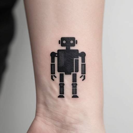Minimalist black robot tattoo on pale human ankle, featuring blocky design and simple geometric shapes, photographed in bright light.