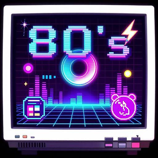 Neon pixel art of a futuristic grid screen with glowing 