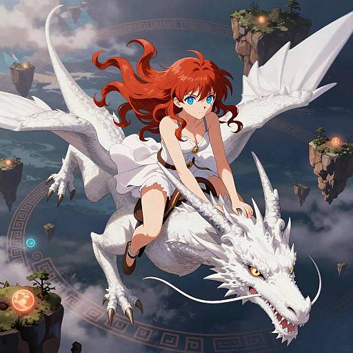 Anime-style drawing of a red-haired girl with blue eyes riding a white, dragon-like creature, soaring above floating islands at night.