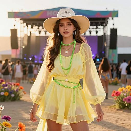 Photograph of a young woman in a sunlit festival, wearing a yellow sheer dress, white hat, green beads, and hoop earrings, surrounded by
