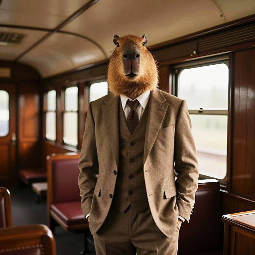 Photograph of a marmot in a brown three-piece suit, standing in a vintage train car with wooden panels and red seats.