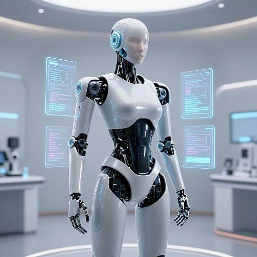 Photorealistic CGI of a sleek, white and black female humanoid robot with glowing blue accents, standing in a futuristic laboratory.