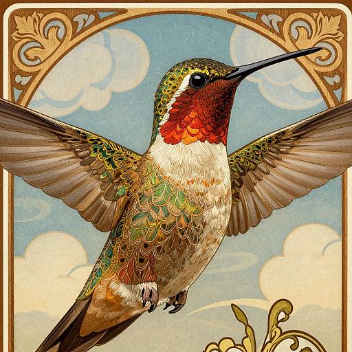 Vibrant digital illustration of a hummingbird with outstretched wings, vivid red and green feathers, and a pointed beak, against a blue