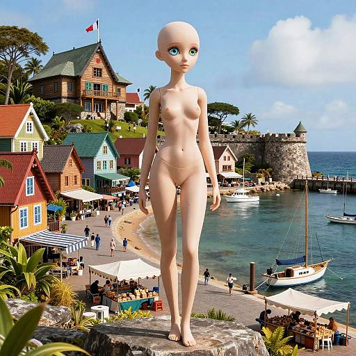 Fantasy Nude Doll Overlooking Tropical Harbor Village