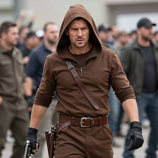 Photograph of Chris Hemsworth in a brown hooded tunic, black gloves, and belt, with a stern expression, surrounded by blurred, dressed