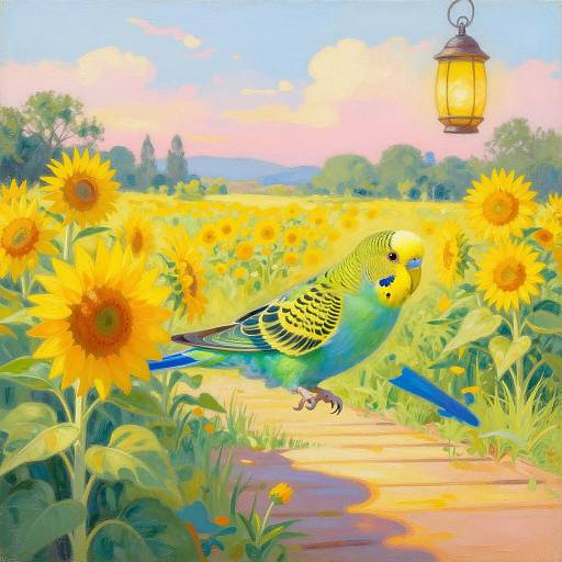 Digital painting of a vibrant yellow-green parakeet with blue tail and feet, walking through a sunflower field under a hanging lantern.