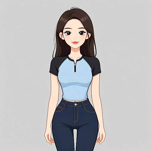 Digital anime-style drawing of a smiling young woman with long black hair, wearing a light blue and black raglan shirt, and dark blue jeans. White