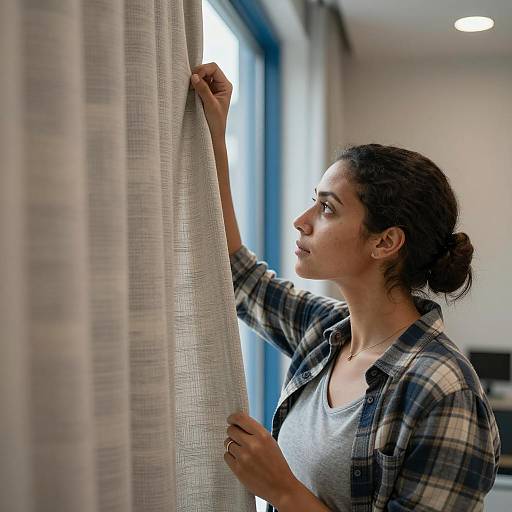 Woman Pulling Curtain Near Window