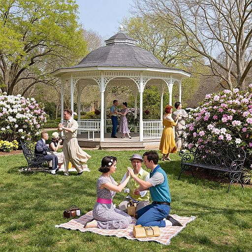 Photograph of a sunny park with a white gazebo, people in dresses and vests, grass, flowers, and a couple picnicking on a