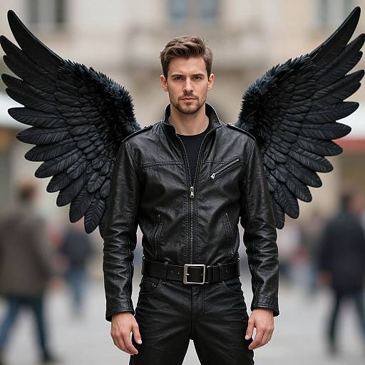 Photograph of a handsome, brown-haired man with black leather outfit and large, detailed black angel wings standing in a blurred urban background.