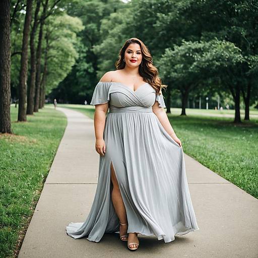 Plus Size Woman in Elegant Light Gray Dress in Park