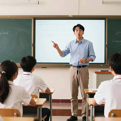 Photograph of an Asian male teacher in a light blue shirt and beige pants, pointing at a whiteboard in a classroom with students in white shirts.
