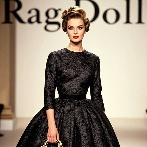 Photograph of a stylish, fair-skinned woman with short, wavy blonde hair, wearing a black, long-sleeved, lace dress,