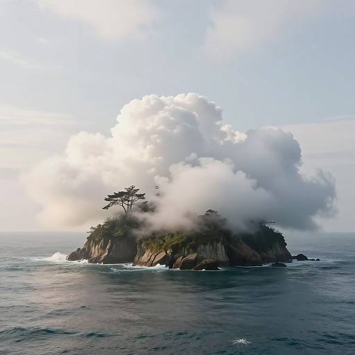 Photograph of a small, rocky island with a single tree, shrouded in thick white clouds, surrounded by calm ocean waters.