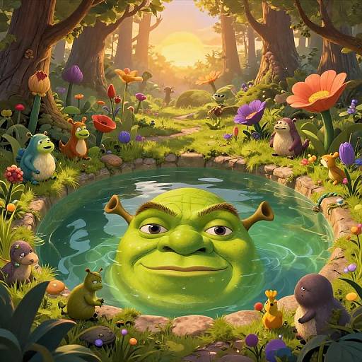 Digital fantasy illustration of a green, gnome-like face with antennae in a forest pond, surrounded by colorful flowers, whimsical creatures, and sunlight filtering