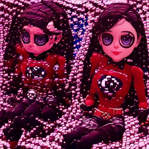 Digital artwork of two stylized anime girls with large eyes, dark hair, and red superhero outfits, sitting in a pixelated, pink and black background