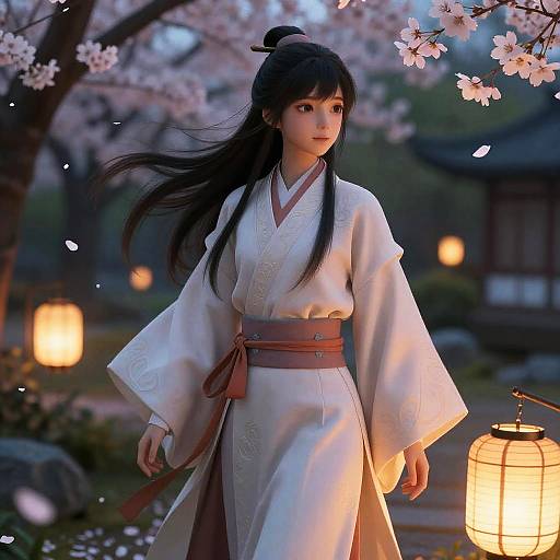 Digital anime-style illustration of a serene young woman in a white kimono, brown obi, with long black hair, standing under cherry blossoms,