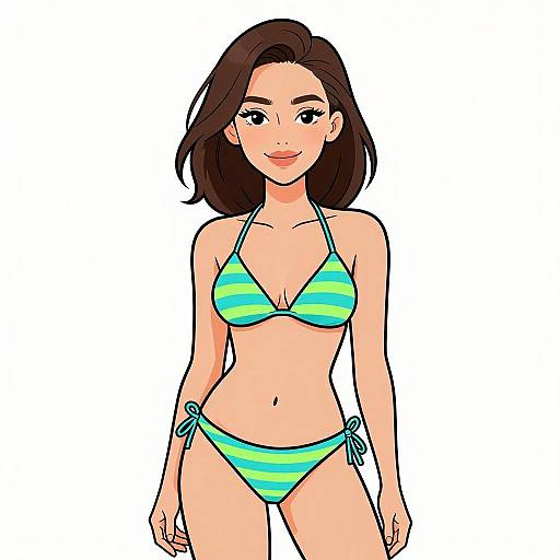 Digital illustration of a smiling young woman with medium-length brown hair, wearing a green and blue striped bikini, standing against a white background.
