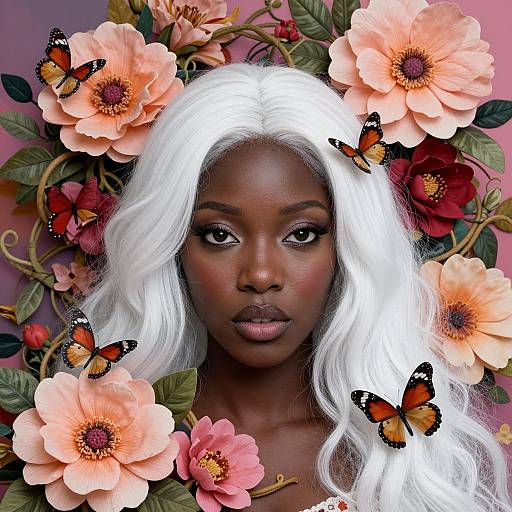 Photograph of a dark-skinned woman with long, white wavy hair, surrounded by large peach flowers and orange-and-black butterflies, against a pink