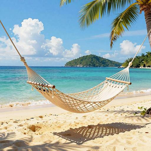 Photograph of a white hammock strung between palm trees on a sunny, sandy beach with turquoise water and a green island in the background. Clear