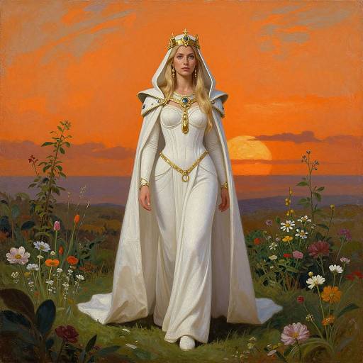 Digital painting of a regal blonde woman in a white, gold-embellished gown and hooded cloak, standing in a vibrant flower field at