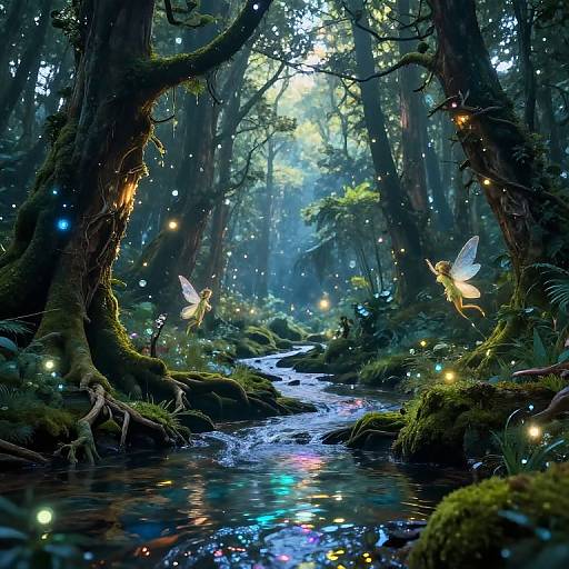 Enchanted forest scene: luminous fairy lights, glowing fireflies, ethereal winged creatures, moss-covered trees, and a reflective, mult