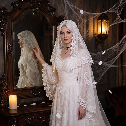 Photograph of a pale-skinned woman in an ornate white lace wedding dress with veil, standing in a dimly-lit room with a candle