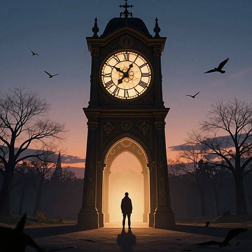 Photograph of a silhouetted person standing before a glowing clock tower at sunset, surrounded by bare trees and flying birds.