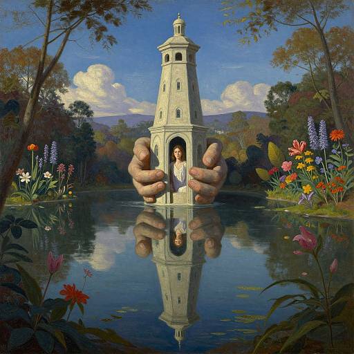 Digital artwork of a small white tower with a woman inside, held by giant hands over a reflective pond surrounded by vibrant flowers and trees under a bright blue