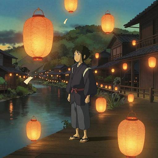 Fantasy Riverside Town with Lanterns at Twilight