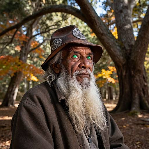 Photograph of an elderly man with a long white beard, green eyes, brown hat with silver badges, and dark coat, standing in a forest with