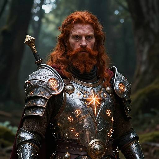 Photorealistic CGI of a bearded, red-haired warrior in ornate, glowing silver armor with runes and a sword sheathed on his back,