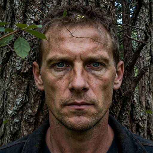 Close-up photograph of a rugged, middle-aged man with blue eyes, short brown hair, and stubble, standing against a textured tree trunk in a