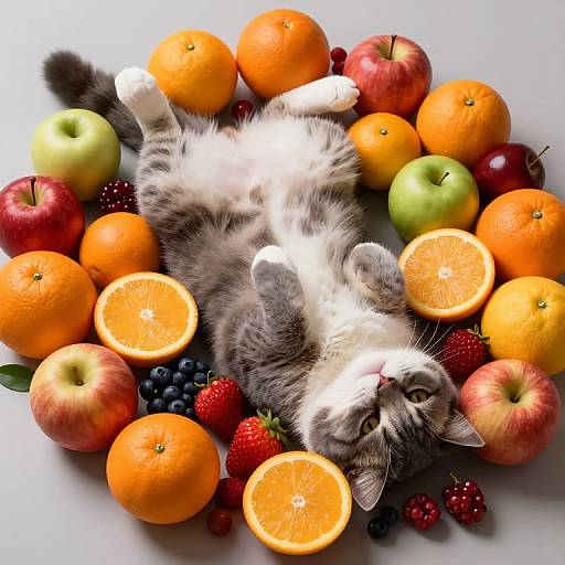 Photograph of a gray and white cat lying on its back amidst a colorful arrangement of oranges, apples, strawberries, blueberries, and grapefruit slices