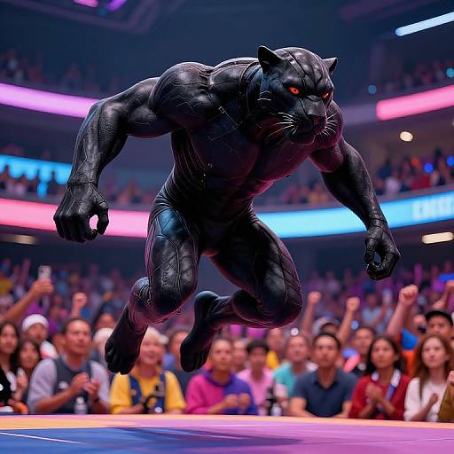 CGI image of a muscular, black-furred, anthropomorphic panther with glowing red eyes, leaping mid-air in a brightly lit, crowded
