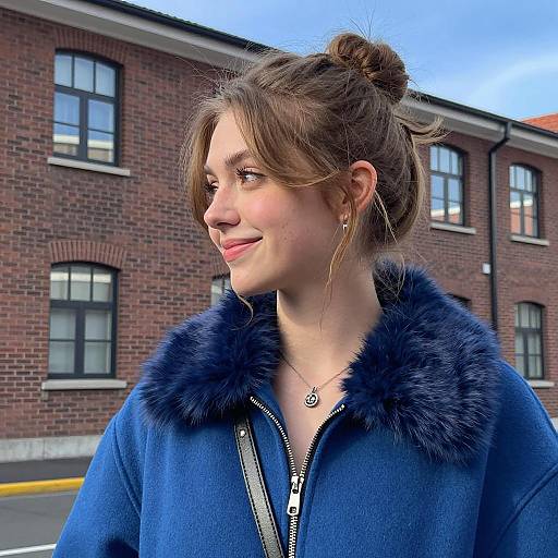 Smiling Woman in Blue Coat Outdoors