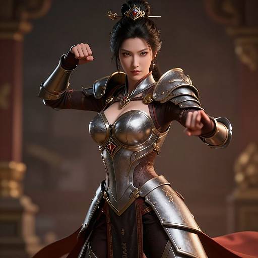 Digital art of an Asian woman in shiny, medieval-style armor with a revealing chest plate, posing confidently with fists raised. Dark, ornate background.