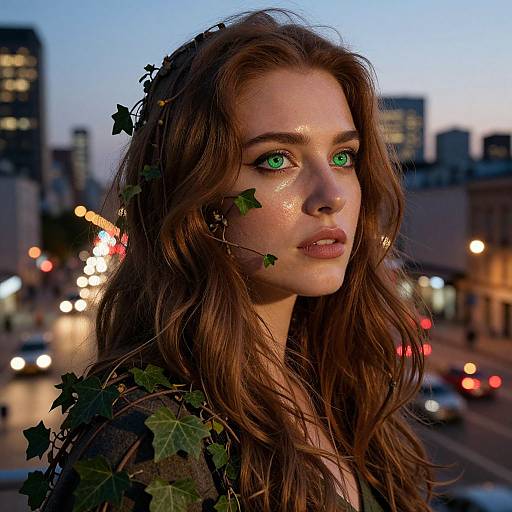 Photograph of a young woman with green eyes, long brown hair, and vine leaves in her hair, against a twilight cityscape with blurred lights and
