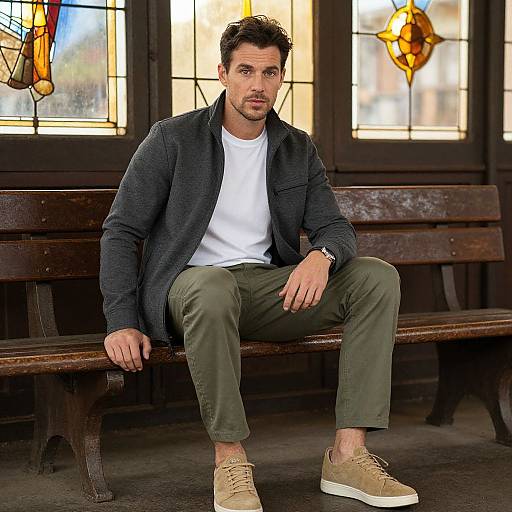 Photograph of a handsome, dark-haired man with a trimmed beard, wearing a dark jacket, white t-shirt, olive pants, and beige sneakers,