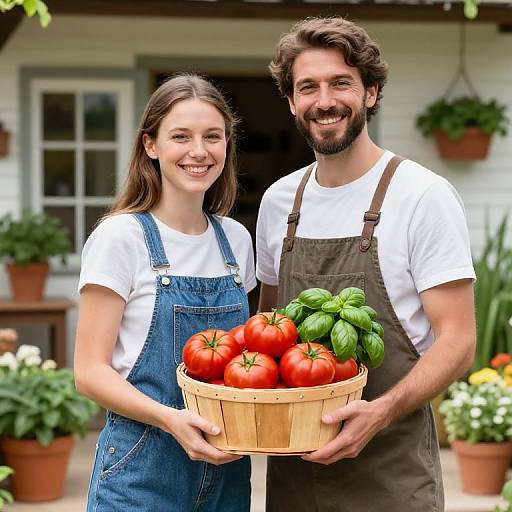 Photograph of smiling young woman and bearded man in denim overalls, holding a basket of tomatoes and basil, in front of a white house with