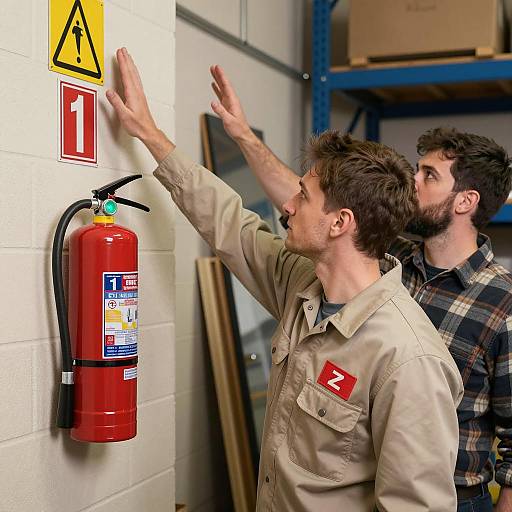 Two Men in Workshop with Fire Extinguisher