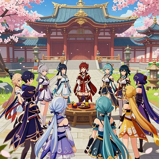 Anime-style digital illustration of a group of colorful, detailed characters standing in front of a traditional Japanese temple with cherry blossoms. Central character in red armor