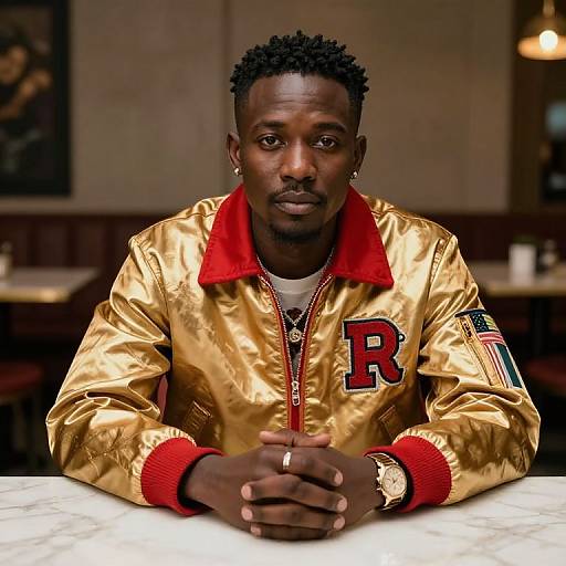 Stylish Rhude in Gold and Red Jacket