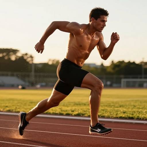 Photograph of a muscular, shirtless man with short black hair, running on a track at sunset, wearing black shorts and black Nike sneakers.