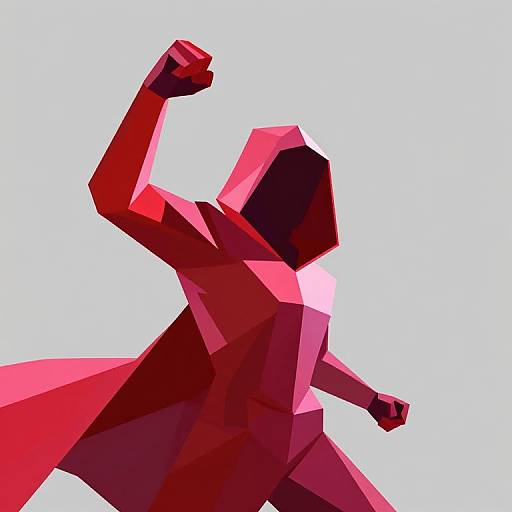 Geometric, red, polygonal, superhero figure with raised fist, dynamic pose, angular shapes, vibrant colors, white background, digital art style.