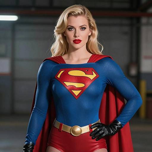 Confident Blonde Superhero in Industrial Setting