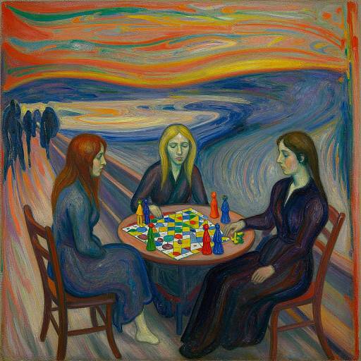 Expressionist painting of three women playing chess at a table, with swirling, vibrant sunset sky and dark, shadowy figures in background.